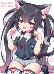 Rule 34 | 1girl, :d, animal ear fluff, animal ears, bare shoulders, black bow, black footwear, black hair, black shirt, blush, bow, brown eyes, cat day, cat ears, cat girl, cat hair ornament, cat tail, clothing cutout, collared shirt, commentary request, dated, fang, gradient hair, grey shorts, hair between eyes, hair ornament, hands up, long hair, looking at viewer, multicolored hair, nanopai kakumeikokonoyu, open mouth, original, paw pose, pink hair, shirt, shoes, short shorts, short sleeves, shorts, shoulder cutout, smile, solo, tail, tail raised, thighhighs, twintails, twitter username, two-tone hair, very long hair, white background, white thighhighs