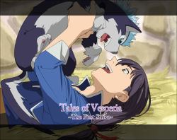 Rule 34 | 00s, 1boy, bad id, bad pixiv id, black hair, copyright name, dog, happy, kon (koheya), long hair, lying, male focus, official alternate costume, puppy, repede (tales), shirt, solo, tales of (series), tales of vesperia, tales of vesperia: the first strike, yuri lowell