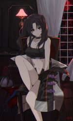 Rule 34 | 1girl, absurdres, artist request, bare legs, bare shoulders, black choker, black hair, black jacket, black shirt, black shorts, breasts, chair, choker, cleavage, commission, crop top, expressionless, highres, indoors, jacket, knee up, long hair, looking at viewer, medium breasts, micro shorts, midriff, navel, nero (shirone), off shoulder, open clothes, open fly, open jacket, original, panties, panty peek, parted bangs, red eyes, revealing clothes, second-party source, shirt, short shorts, shorts, sitting, sleeveless, sleeveless shirt, solo, stomach, thighs, two side up, underwear, unzipping