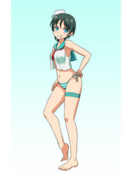 Rule 34 | 1girl, adapted costume, bare shoulders, barefoot, bikini, bikini bottom only, blue eyes, cato (monocatienus), commentary request, gradient background, green eyes, grin, hand on own hip, hat, looking at viewer, murasa minamitsu, navel, sailor collar, short hair, side-tie bikini bottom, simple background, smile, solo, striped bikini, striped bikini bottom, striped clothes, swimsuit, touhou