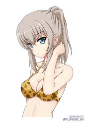 Rule 34 | 10s, 1girl, animal print, bikini, blue eyes, breasts, cleavage, closed mouth, collarbone, commentary, dated, flipper, girls und panzer, hair up, hand in own hair, itsumi erika, light frown, long hair, looking at viewer, medium breasts, one-hour drawing challenge, ponytail, print bikini, silver hair, simple background, solo, standing, swimsuit, twitter username, upper body, white background, yellow bikini