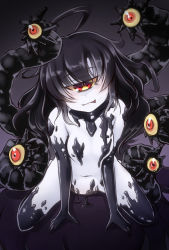 Rule 34 | 1girl, :p, ahoge, black hair, breasts, colored sclera, colored skin, commentary request, cyclops, extra eyes, eyes visible through hair, fang, fang out, fangs, fangs out, gazer (monster girl encyclopedia), getsuyou yasumi, head tilt, leaning forward, long hair, looking at viewer, monster girl, monster girl encyclopedia, naughty face, navel, one-eyed, red eyes, sitting, slit pupils, small breasts, solo, spread legs, tentacles, tongue, tongue out, white skin, yellow sclera