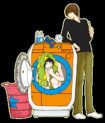 Rule 34 | 2boys, black eyes, black hair, brown hair, death note, eye contact, indoors, l (death note), laundry basket, light, looking at another, lowres, multiple boys, pants, shirt, short hair, shueisha, squatting, toothbrush, transparent background, washing machine, yagami light