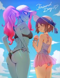 Rule 34 | 2girls, artist name, ass, bare arms, bare shoulders, bikini, black bikini, blue bow, blue skin, bow, breasts, brown hair, closed eyes, colored skin, cowboy shot, day, female frisk (undertale), fins, food, frisk (undertale), from behind, from side, hat, heart, highres, ice cream, ice cream cone, long hair, looking at viewer, looking back, medium breasts, multiple girls, noah (tettsui-sole), outdoors, panties, pink hair, ponytail, red hair, short hair, skindentation, smile, swimsuit, undertale, underwear, undyne, white headwear, white panties