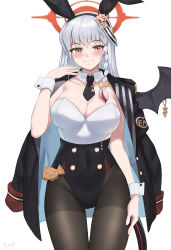 Rule 34 | 1girl, absurdres, animal ears, bat wings, black hairband, black jacket, black leotard, black necktie, black pantyhose, blue archive, blush, braid, breasts, brown eyes, cleavage, cowboy shot, detached collar, fake animal ears, food, hair ribbon, hairband, halo, hand up, haruna (blue archive), highleg, highleg leotard, highres, jacket, large breasts, leotard, long hair, looking at viewer, necktie, open clothes, open jacket, pantyhose, playboy bunny, rabbit ears, ribbon, short necktie, simple background, single wing, smile, solo, standing, strapless, strapless leotard, taiyaki, thighband pantyhose, tomid, two-tone leotard, wagashi, white background, white hair, white leotard, wing collar, wings, wrist cuffs