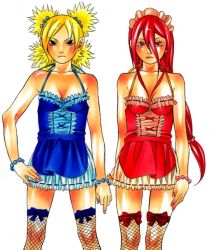 Rule 34 | 2girls, alternate costume, artist request, bare shoulders, blonde hair, blue dress, breasts, cleavage, collarbone, cowboy shot, dress, fishnet thighhighs, fishnets, frills, halterneck, hand on own hip, multiple girls, naruto, naruto (series), quad tails, red dress, serious, simple background, sleeveless, sleeveless dress, spiked hair, standing, tayuya (naruto), temari (naruto), thighhighs, white background, zettai ryouiki