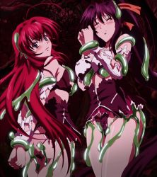 Rule 34 | 10s, 2girls, covered erect nipples, closed eyes, high school dxd, highres, himejima akeno, long hair, multiple girls, panties, red hair, rias gremory, slime, torn clothes, underwear