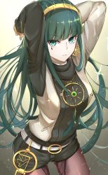 Rule 34 | 1girl, arms up, belt, bracelet, cleopatra (fate), closed mouth, earrings, fate/grand order, fate (series), gradient background, green eyes, green hair, hairband, jewelry, light particles, long hair, looking at viewer, necklace, pantyhose, pinta (ayashii bochi), shorts, solo