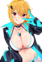 Rule 34 | 1girl, ahoge, bikini, bikini top only, blonde hair, blush, breasts, cleavage, collarbone, highres, ibuki tsubasa, idolmaster, idolmaster million live!, jacket, large breasts, looking at viewer, multicolored clothes, multicolored jacket, navel, red eyes, shorts, simple background, solo, swimsuit, tetsujin momoko, tongue, tongue out, two-tone jacket, v, v over eye, white background, white bikini, white shorts