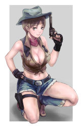 Rule 34 | 1girl, alternate costume, belt, boots, breasts, brown hair, capcom, cleavage, cowboy, cowboy hat, cowboy western, cutoffs, denim, denim shorts, fingerless gloves, fringe trim, front-tie top, full body, gloves, green eyes, gun, hand on own hip, handgun, hat, holster, large breasts, looking at viewer, midriff, navel, rebecca chambers, resident evil, resident evil 0, revolver, sgk, short hair, shorts, smile, solo, squatting, thigh holster, vest, weapon, western