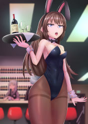 Rule 34 | 2girls, absurdres, animal ears, bar stool, bare shoulders, black legwear, blurry, bottle, bow, bowtie, breasts, brown hair, commentary request, covered navel, cowboy shot, cup, depth of field, detached collar, drinking glass, fake animal ears, fingernails, highres, holding, holding tray, korean commentary, leotard, livingdead (wmg7776), long hair, medium breasts, multiple girls, nail polish, open mouth, original, pantyhose, pink nails, playboy bunny, rabbit ears, rabbit tail, shiny skin, skin tight, sleeveless, standing, stool, suggestive fluid, tail, tray, wine bottle, wine glass, wrist cuffs