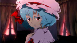 Rule 34 | 1girl, anime coloring, bad id, bad pixiv id, bat wings, blouse, blue hair, bow, colored eyelashes, curtains, female focus, hand on own chest, hat, hat ribbon, looking away, looking back, parted lips, red eyes, remilia scarlet, ribbon, shirt, short hair, solo, touhou, window, wings, yorugao