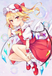 Rule 34 | 1girl, absurdres, ascot, blonde hair, bubble, closed mouth, commentary request, crystal, flandre scarlet, full body, hair between eyes, hand up, hat, highres, looking at viewer, miy@, mob cap, puffy short sleeves, puffy sleeves, red eyes, red footwear, red skirt, shoes, short hair, short sleeves, side ponytail, skirt, socks, solo, touhou, white hat, wings, wrist cuffs, yellow ascot