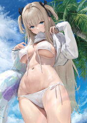 Rule 34 | 1girl, absurdres, akita hika, bikini, blonde hair, blue eyes, blush, breasts, clothes lift, commentary request, from below, hair ornament, highres, innertube, large breasts, lifting own clothes, long hair, long sleeves, looking at viewer, looking down, mouth hold, navel, original, outdoors, palm tree, side-tie bikini bottom, solo, sparkle, stomach, sweater, sweater lift, swim ring, swimsuit, thighs, tree, two side up, underboob, wet, white bikini, white sweater