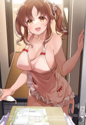 Rule 34 | 1girl, apron, areola slip, bare arms, bare shoulders, blush, breasts, brown eyes, brown hair, cleavage, collarbone, door, doorway, giving, gloves, hair ornament, highres, idolmaster, idolmaster cinderella girls, large breasts, looking at viewer, medium hair, mk (mod0), naked apron, open mouth, package, parted bangs, smile, solo, totoki airi, white gloves