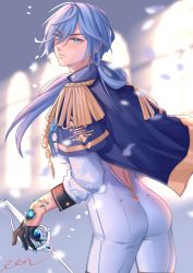 Rule 34 | 1boy, absurdres, artist request, ass, blue eyes, blue hair, bodysuit, cape, edmond (nu carnival), from behind, gloves, highres, long hair, looking at viewer, low ponytail, nu carnival, ponytail, shiny clothes, skin tight, solo, sword, weapon