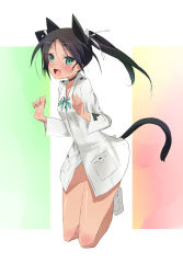 Rule 34 | 1girl, :d, animal ears, aqua eyes, black hair, blush, cat ears, cat tail, choker, collarbone, fang, francesca lucchini, full body, hair ribbon, highres, italian flag, italy, long hair, military, military uniform, oi ke, open mouth, ribbon, smile, solo, strike witches, tail, twintails, uniform, world witches series