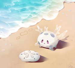 Rule 34 | coco7, commentary, creatures (company), day, from above, galarian corsola, galarian form, game freak, gen 8 pokemon, heart, nintendo, no humans, outdoors, pokemon, pokemon (creature), sand, shore, signature, starfish, water