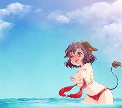 Rule 34 | 10s, 1girl, accidental exposure, animal ears, bikini, unworn bikini top, blush, breasts, brown hair, cloud, cow ears, cow tail, day, embarrassed, female focus, highres, holmy (show by rock!!), horns, large breasts, navel, nipples, open mouth, red eyes, short hair, show by rock!!, sky, solo, stomach, swimsuit, tail, takano natsuki, topless, wardrobe malfunction