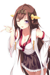 Rule 34 | 10s, 1girl, ;p, absurdres, ahoge, bad id, bad pixiv id, bare shoulders, brown hair, collarbone, cowboy shot, detached sleeves, double bun, frilled skirt, frills, hairband, hand on own hip, headgear, highres, kantai collection, kongou (kancolle), leaning forward, long hair, looking at viewer, mosquito coils, nontraditional miko, one eye closed, pointing, purple eyes, simple background, skirt, smile, solo, tongue, tongue out, white background