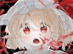 Rule 34 | 1girl, blonde hair, blood, blood on face, flandre scarlet, hat, hat ribbon, highres, one side up, open mouth, puffy short sleeves, puffy sleeves, ramochi, red eyes, ribbon, short sleeves, side ponytail, solo, star (symbol), touhou, white hat