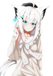 1girl absurdres animal_ears ayana_haku blue_eyes fox_ears fox_girl glasses highres hololive long_hair looking_at_viewer official_alternate_costume shirakami_fubuki shirakami_fubuki_(street) smile solo virtual_youtuber white-framed_eyewear white_background white_hair