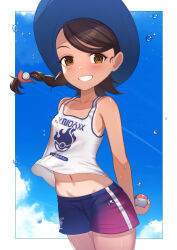 Rule 34 | 1girl, bare arms, bare shoulders, blue headwear, blue shorts, blue sky, blush, braid, brown eyes, brown hair, cloud, commentary request, creatures (company), floating hair, game freak, grin, highres, holding, holding poke ball, juliana (pokemon), long hair, looking at viewer, navel, nintendo, poke ball, poke ball (basic), pokemon, pokemon sv, short shorts, shorts, single braid, sky, smile, solo, tan, tank top, tanline, uneg, water drop, white tank top