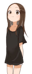 Rule 34 | 1girl, black shirt, blush, brown eyes, brown hair, closed mouth, collarbone, commentary request, forehead, highres, karakai jouzu no takagi-san, looking at viewer, official art, oversized clothes, oversized shirt, parted bangs, shirt, short shorts, short sleeves, shorts, simple background, smile, solo, standing, takagi-san, white background, white shorts, yamamoto souichirou