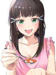 Rule 34 | 1girl, absurdres, black hair, blouse, blurry, blush, breasts, cleavage, commentary, depth of field, earrings, feeding, food, green eyes, hair ornament, hairpin, highres, incoming food, jewelry, kurosawa dia, long hair, looking at viewer, love live!, love live! sunshine!!, mole, mole under mouth, open mouth, pink shirt, rice, shaka 0515, shirt, simple background, solo, spoon, white background