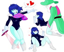 Rule 34 | 1boy, 1girl, absurdres, bare legs, blue hair, blue skin, blush, bodysuit, boots, closed mouth, colored skin, cum, cum in pussy, deltarune, furry, genderswap, genderswap (otf), glasses, gloves, hair over eyes, heart, hetero, highres, kris (deltarune), long hair, open mouth, pointing, ralsei, scarf, sex, shaded face, shoulder pads, steam, sword, thumbs up, weapon
