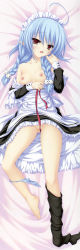 Rule 34 | 1girl, absurdres, black thighhighs, blue hair, blue panties, bottomless, braid, breasts, convenient censoring, dakimakura (medium), from above, full body, head tilt, highres, long sleeves, looking at viewer, lunaris filia, lying, maid, maid headdress, melis, mikagami mamizu, nipples, on back, open clothes, panties, panties around leg, partially visible vulva, pointy ears, red eyes, scan, single thighhigh, small breasts, solo, striped clothes, striped panties, thighhighs, thighhighs pull, twin braids, underwear