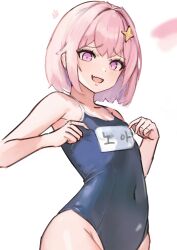 Rule 34 | 1girl, absurdres, blue one-piece swimsuit, blush, covered navel, goddess of victory: nikke, hair ornament, highres, noah (nikke), one-piece swimsuit, petite, pink eyes, pink hair, rehu, simple background, swimsuit, white background