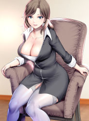 Rule 34 | 1girl, armchair, black dress, breasts, brown eyes, brown hair, chair, cleavage, dress, fingernails, highres, large breasts, looking at viewer, nail polish, on chair, original, parted lips, pink nails, saigado, short dress, signature, sitting, smile, solo, thighhighs, white thighhighs