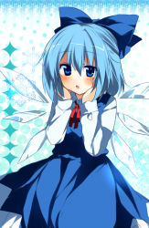 Rule 34 | 1girl, bad id, bad pixiv id, blue dress, blue eyes, blue hair, blush, bow, cirno, dress, fujishiro emyu, hair bow, hands on own cheeks, hands on own face, matching hair/eyes, open mouth, shirt, short hair, solo, touhou, wings