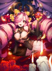 Rule 34 | 1girl, :d, bad id, bad pixiv id, black gloves, bow, breasts, candle, candlelight, chocolate, cleavage, drill hair, elbow gloves, flower, gloves, hair bow, hair ornament, hair over one eye, heart, highres, jewelry, large breasts, leotard, long hair, looking at viewer, open mouth, original, pink hair, red eyes, rose, slit pupils, smile, snow is, snow is , solo, teeth, thigh strap, tongue, twin drills, very long hair, wading