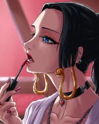 Rule 34 | 1girl, applying makeup, artist name, bbdbg03, black choker, black hair, blue eyes, boa hancock, chain, chain necklace, choker, cosmetics, earrings, from side, heart pendant, highres, holding, holding lipstick tube, jewelry, lipstick tube, long hair, necklace, one piece, open mouth, pendant choker, portrait, red lips, red nails, ring, shirt, signature, snake earrings, solo, watermark, white shirt