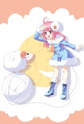 Rule 34 | 1girl, absurdres, boots, cross-laced footwear, highres, knee boots, kyuutou (kyuutouryuu), lace-up boots, long hair, original, pink eyes, pink hair, sheep, thighhighs