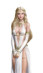 Rule 34 | 1girl, absurdres, amulet, bare shoulders, belt, blonde hair, breasts, chain, closed mouth, cowboy shot, dress, elbow gloves, fingerless gloves, gloves, gold chain, green eyes, highres, jewelry, laurel crown, long hair, looking at viewer, md5 mismatch, medium breasts, navel, nornear, resolution mismatch, ring, simple background, solo, source smaller, standing, thighlet, white dress, white gloves, yongwon park