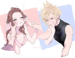 Rule 34 | 1boy, 1girl, aerith gainsborough, bare arms, bare shoulders, blonde hair, blue eyes, blush, braid, braided ponytail, breasts, brown hair, cheek pinching, cleavage, cloud strife, couple, dress, final fantasy, final fantasy vii, final fantasy vii remake, green eyes, grey shirt, hair between eyes, hair ribbon, hand on another&#039;s face, hetero, holding another&#039;s wrist, long hair, looking at another, medium breasts, ocesui, parted bangs, pinching, pink dress, pink ribbon, ribbon, shirt, short hair, sidelocks, sleeveless, sleeveless turtleneck, spiked hair, square enix, turtleneck, twitter username, upper body, wavy hair