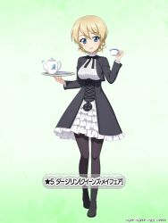 Rule 34 | 1girl, black bow, black bowtie, black dress, black footwear, black jacket, black pantyhose, blonde hair, blue eyes, boots, bow, bowtie, braid, collar, commentary request, cosplay, cropped jacket, cup, darjeeling (girls und panzer), dorothy (princess principal), dorothy (princess principal) (cosplay), dress, frilled collar, frills, girls und panzer, girls und panzer senshadou daisakusen!, green background, heel up, high collar, holding, holding cup, holding tray, jacket, layered dress, long sleeves, looking at viewer, medium dress, official art, open mouth, pantyhose, princess principal, princess principal crown handler, saucer, short hair, smile, solo, standing, star (symbol), teacup, teapot, thighs, translated, tray, twin braids, watermark