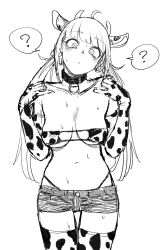 Rule 34 | 1girl, ?, @ @, absurdres, animal ears, animal print, bikini, blunt bangs, blush, breasts, cleavage, collar, cow ears, cow horns, cow print, cow print bikini, elbow gloves, gloves, greyscale, haioku colonel, highres, horns, long hair, looking at viewer, monochrome, navel, original, print bikini, shorts, simple background, sketch, solo, spoken question mark, swimsuit, thighhighs, twintails, white background