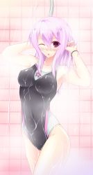 Rule 34 | 1girl, ahoge, arms up, blush, bracelet, breasts, competition swimsuit, cu-no, highres, hisen kaede, jewelry, kikyou-0423, large breasts, light purple hair, official art, one-piece swimsuit, one eye closed, purple eyes, short hair, showering, solo, standing, swimsuit, wink, yayoi sakura
