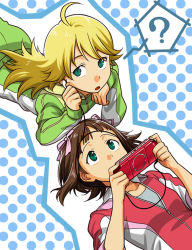 Rule 34 | 2girls, ?, amami haruka, handheld game console, headphones, hoshii miki, idolmaster, idolmaster (classic), mori (unknown.), multiple girls, playing games, playstation portable, product placement, sleeves rolled up, track suit