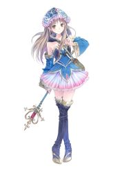 Rule 34 | 1girl, absurdres, atelier (series), atelier meruru, atelier totori, blue footwear, blue thighhighs, blush, boots, brown eyes, brown hair, crossed legs, detached sleeves, female focus, full body, hat, highres, jewelry, kishida mel, long hair, long sleeves, official art, simple background, skirt, solo, staff, standing, thigh boots, thighhighs, totooria helmold, transparent background