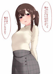 Rule 34 | 1girl, arms behind back, brown hair, commentary request, grey skirt, long sleeves, open mouth, original, plaid, plaid skirt, ponytail, red eyes, short hair, sidelocks, simple background, skirt, smile, solo, speech bubble, sweater, terazip, translation request, turtleneck, turtleneck sweater, white background, white sweater