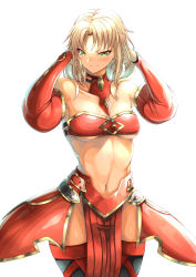 Rule 34 | 1girl, armor, armpit peek, arms up, bandeau, bare shoulders, black thighhighs, blonde hair, blush, breasts, closed mouth, collarbone, commentary request, cowboy shot, detached collar, detached sleeves, fate/apocrypha, fate (series), faulds, glint, green eyes, groin, hair down, half-closed eyes, hands in hair, highres, long hair, looking at viewer, medium breasts, midriff, mordred (fate), mordred (fate/apocrypha), navel, ohako (ohako1818), pelvic curtain, red bandeau, shiny clothes, shiny skin, simple background, smile, solo, standing, stomach, thighhighs, thighs, tsurime, underboob, v-shaped eyebrows, white background