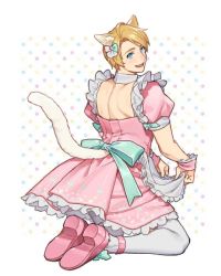 Rule 34 | 1boy, :d, ahoge, alternate costume, america (hetalia), apron, apron lift, arm cuffs, axis powers hetalia, blonde hair, blue eyes, cat boy, clothes lift, crossdressing, dress, enmaided, fang, frilled apron, frilled dress, frills, from behind, kemonomimi mode, looking back, maid, maid apron, male focus, mary janes, open mouth, pink dress, pink footwear, puffy sleeves, seiza, shoes, short sleeves, sitting, smile, tail, thighhighs, to@st, unworn eyewear, white thighhighs