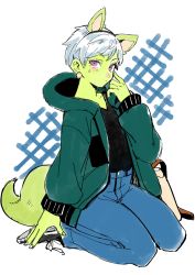 Rule 34 | 1girl, animal ears, arm at side, bag, black shirt, cheelai, chuya hukuaka, colored skin, commentary request, denim, dragon ball, dragon ball super, dragon ball super broly, earrings, fingernails, full body, green jacket, green skin, handbag, highres, jacket, jeans, jewelry, looking away, nervous, pants, purple eyes, seiza, shirt, shoes, short hair, simple background, sitting, sneakers, solo, striped, striped background, sweatdrop, tail, white background, white hair