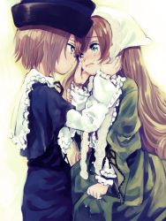 Rule 34 | 2girls, amezawa koma, black dress, brown hair, capelet, comforting, crying, dress, eye contact, green dress, hands on another&#039;s cheeks, hands on another&#039;s face, hat, heterochromia, long hair, long sleeves, looking at another, multiple girls, rozen maiden, short hair, siblings, sisters, smile, souseiseki, suiseiseki, tears, twins, very long hair, wavy mouth, yuri