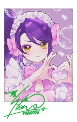 Rule 34 | 1girl, blush, border, bow, character signature, chuu0105, closed mouth, commentary, constellation, constellation request, cygnus (constellation), furrowed brow, hair bow, hands up, heart, heart hands, long hair, looking at viewer, maid headdress, orion (constellation), pink bow, polaroid, pretty series, pripara, purple hair, side ponytail, soap bubbles, solo, sparkle, sweatdrop, symbol-only commentary, toudou shion, upper body, white border, yellow eyes